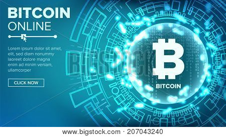 Bitcoin Abstract Technology Background Vector. Binary Code. Fintech Blockchain. Cryptography. Cryptocurrency Mining Concept