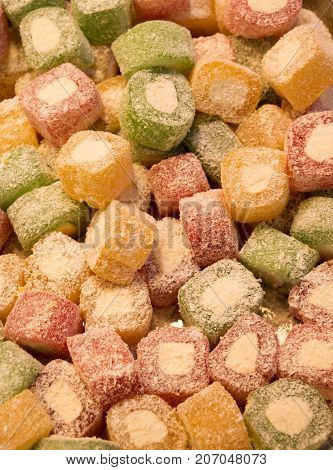 Traditional Ottoman style Turkish delight sweets of various color