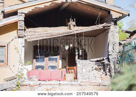 Amatrice Lazio Italy 24 August 2016. Earthquake Center Of Italy With Magnitude 6.5 Scale Of Richter 