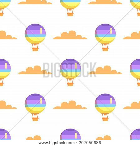Hot air balloon with basket flying in sky seamless pattern isolated on white background. Vector illustration of romantic means of transport