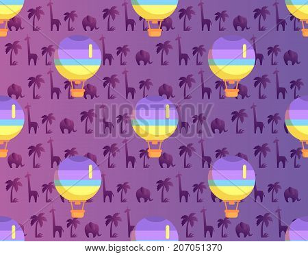 Hot air balloon with basket seamless pattern isolated on purple background with african plants and animals. Vector illustration of transportation means by air