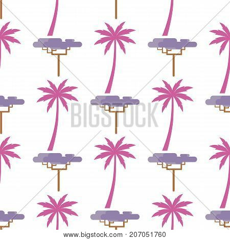 Pink palm silhouette and graphic small exotic baobab tree isolated on white seamless pattern. Tropical plants vector endless texture