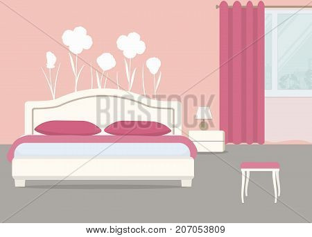Bedroom in a pink color. There is a bed with pillows, a bedside table and a chair on a window background in the picture. There are also white flowers on the wall. Vector flat illustration.