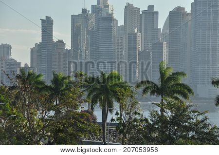 Panama city with high skyscrapers and port on the Pacific coast