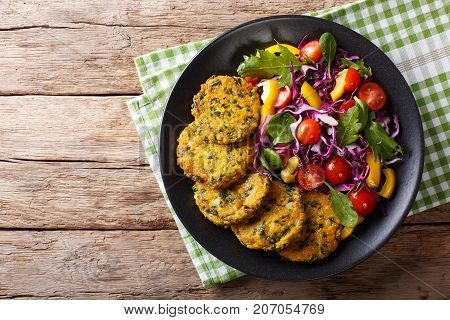 Diet Food: Quinoa Burgers With Spinach And Fresh Vegetable Salad Close-up. Horizontal Top View