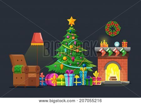 Cartoon living room with xmas tree and fireplace. Christmas holiday vector flat concept. Christmas fireplace interior, xmas in living room with furniture and green tree illustration