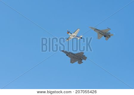F-16 Viper, F-35 F-35A Lightning Ii , P-51 Mustang Performing At The Huntington Beach Air Show.