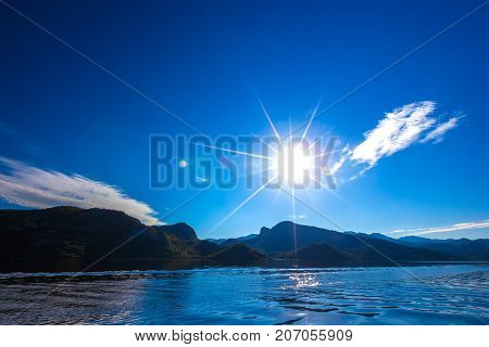 Bright sun above the Skadar Lake. Montenegro.