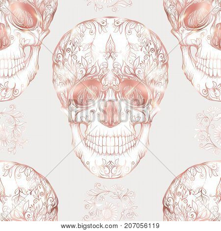 Seamless pattern, background with human skull in rose gold colors. Stock line vector illustration.