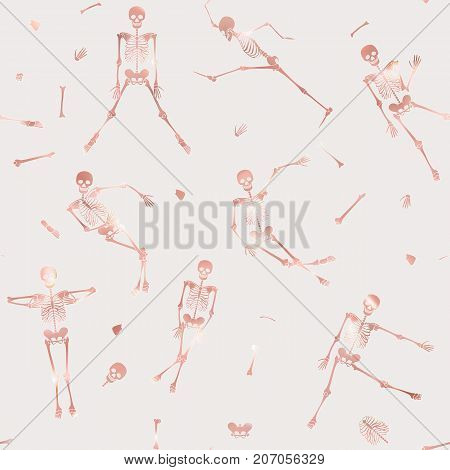 Seamless pattern, background with dancing skeletons in rose gold color. Stock vector illustration.