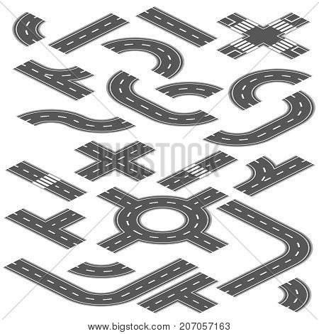 Isometric road and highway vector elements for city map creation. Road highway path for traffic illustration