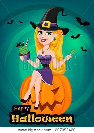 Halloween greeting card. Beautiful lady witch wearing pilgrim hat sitting on pumpkin and eating cake. Cartoon character on bright background with bats. Vector stock