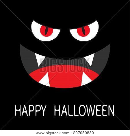Evil Red eyes in dark night. Smiling wicked mouth with fangs tooth tongue.  Flat design. Black background. Vector illustration