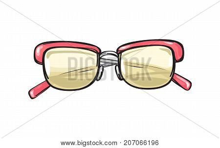 Fashionable eyeglasses with coral frame and yellowish lenses isolated on background. Glamorous spectacles for sight correction and elegant look. Vector illustration of trendy glasses.