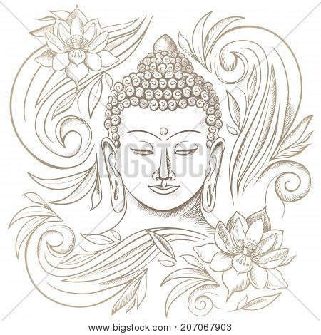 Gautama buddha with closed eyes representing during meditation, floral pattern around him, vector illustration isolated on white background