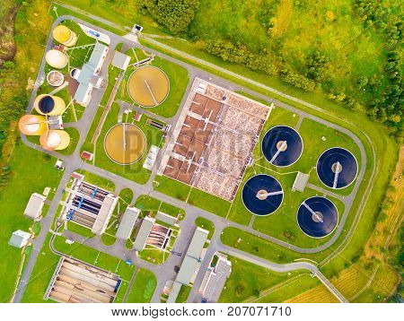 PILSEN CZECH REPUBLIC - SEPTEMBER 27, 2017: Aerial view to sewage treatment plant. Grey water recycling. Waste management for 165, 000 inhabitants of Pilsen city in Czech Republic, Europe. 