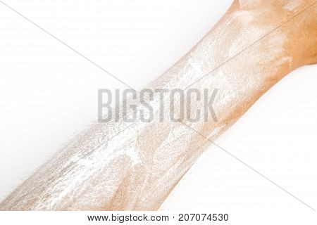 talcum powder in hand isolated on white background