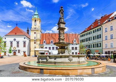 Bratislava Slovakia. View of Bratislava main square with the city hall in the background.