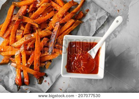 Sweet potato fries on table
