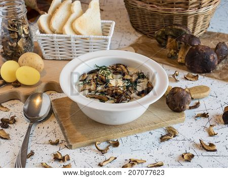 creamy soup of forest mushrooms, dill, eggs and cream - Kulajda