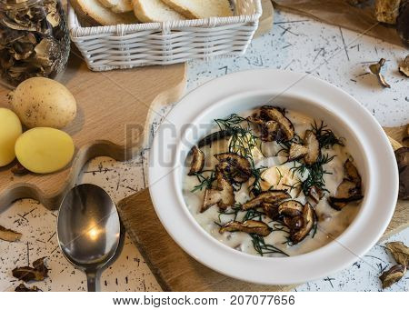 creamy soup of forest mushrooms, dill, eggs and cream - Kulajda
