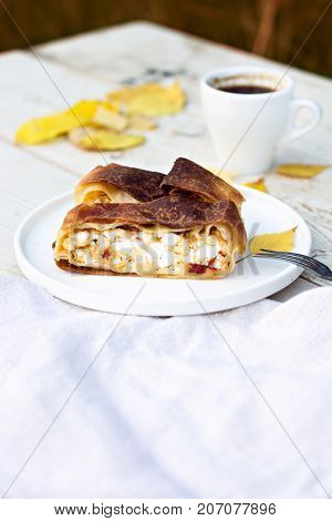 Strudel, Pie With Cheese. Autumn Decoration.