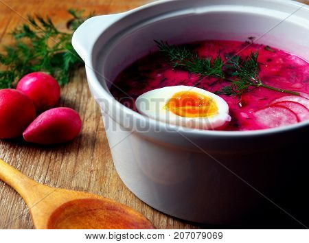 Cold soup in a white ceramic pot, decorated with dill and egg on the table next fresh radishes, dill and a spoon of wood.