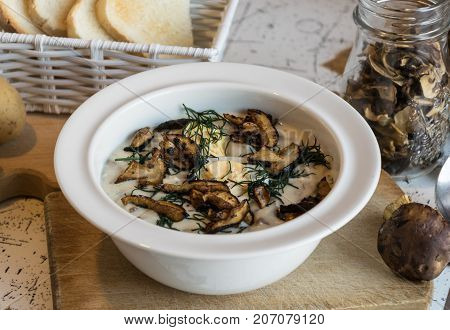 creamy soup of forest mushrooms, dill, eggs and cream - Kulajda