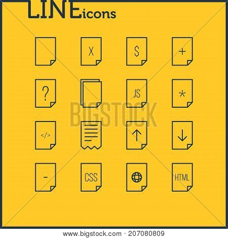 Editable Pack Of Script, Internet, HTML And Other Elements.  Vector Illustration Of 16 Document Icons.