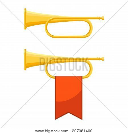 Set of icons of bugles with flag of red colour, and one brass instrument above other, vector illustration isolated on white background