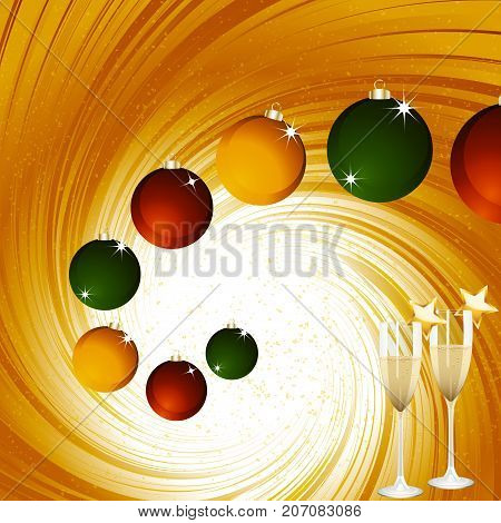 Golden Festive Vortex Background with Christmas Baubles and Champagne Glasses with Stars