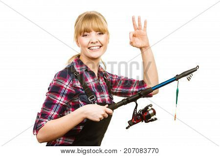 Woman With Fishing Rod Showing A Ok