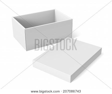 3d rendering left tilt blank white paper open box with separate lid on the ground for design use isolated white background elevated view