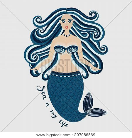 Mermaid. Hand drawn sea girl. Beautiful woman with tail. Marine summer design. Nixie with wild hair. Summertime. Poster invitation card cover banner Vector eps10