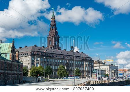 Copenhagen Denmark - september 3 2017: Christiansborg Palace is a palace a government building and the seat of the Danish Parliament with the Danish Prime Minister's Office and the Supreme Court of Denmark.