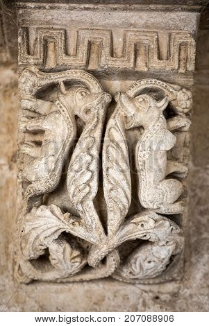 MONTMAJOUR FRANCE - JUNE 26 2017: Romanesque capitals of the columns in the cloisters of the Abbey of Montmajour near Arles France
