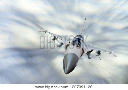 Military Fighter Aircraft At High Speed, Flying High In The Sky.