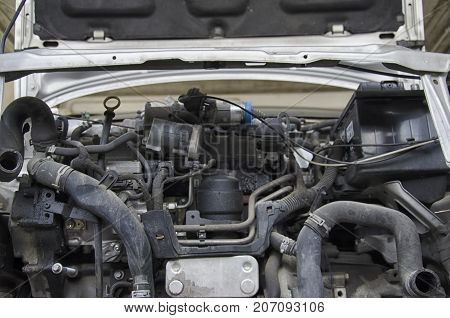 View of the engine bonnet of a crashed car