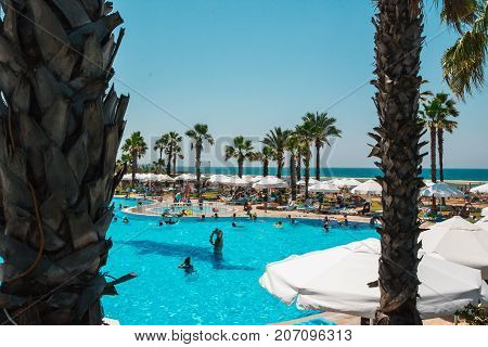 Side, Turkey - June, 26, 2017: The pool and the people at the hotel Cesar Palace in Side