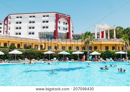 Side, Turkey - June, 26, 2017: The pool and the people at the hotel Cesar Palace in Side