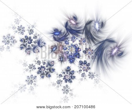 Abstract Christmas decoration background in blue color. Beautiful winter pattern with snowflakes and swirls. Frosty pattern on window in winter season. Winter holidays concept