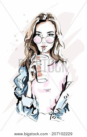Hand drawn beautiful young woman portrait. Fashion girl with coffee cup. Stylish woman in sunglasses. Sketch.
