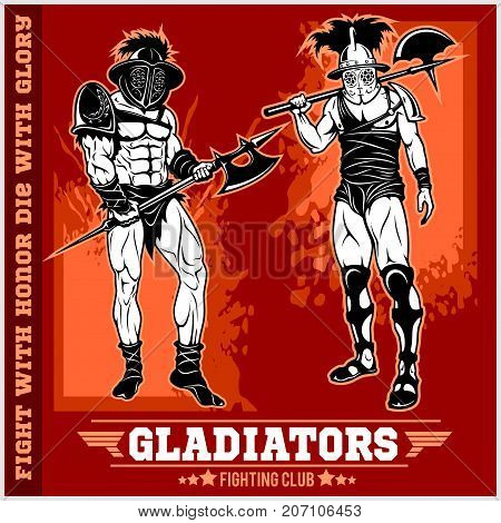 Set of gladiators on red background. Vector illustration.