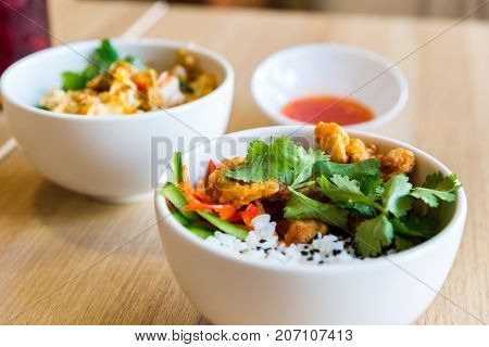 Rice in Japanese with chicken in a batter