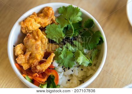 Rice in Japanese with chicken in a batter