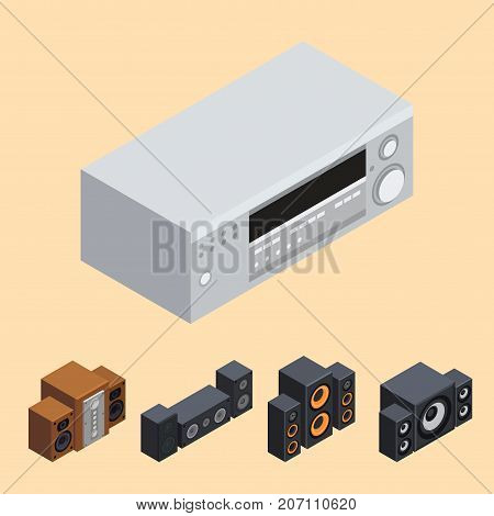 Home isometric sound system stereo flat vector 3d acoustic music loudspeakers player receiver subwoofer remote equipment technology illustration. Professional media entertainment tool.