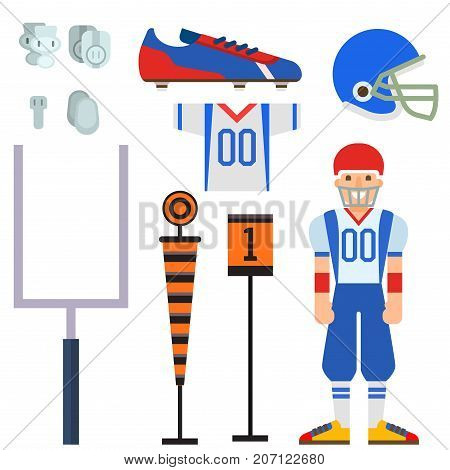 American football player and sport game icons vector cartoon style isolated quarterback jumping success usa athlete. Professional competition floodlit challenge culture fitness.