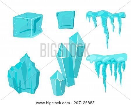 Realistic ice caps snowdrifts and icicles broken piece bit lump cold frozen block crystal winter decor vector illustration. Ice cube 3d snowy cartoon style blue frosty cube bar.