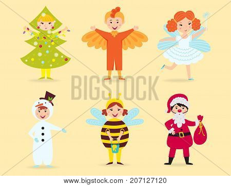 Cute kids wearing Christmas costumes vector characters little people isolated cheerful children holidays illustration. Childhood fun cartoon happiness present smiling human collection.
