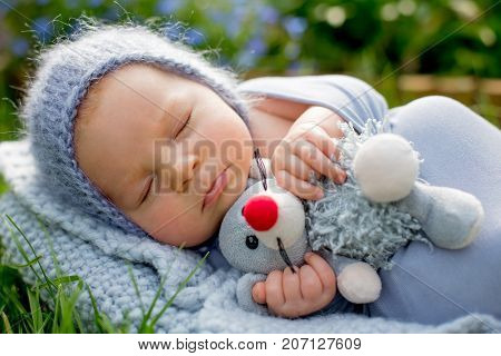 Cute Little Newborn Baby Boy, Sleeping, Holding Cute Little Mouse Toy